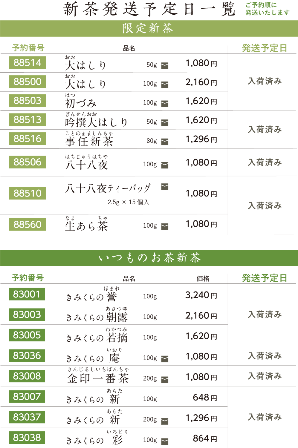 お茶の時間 2025年新茶の発送スケジュール早見表を公開中｜きみくらオンラインショップ